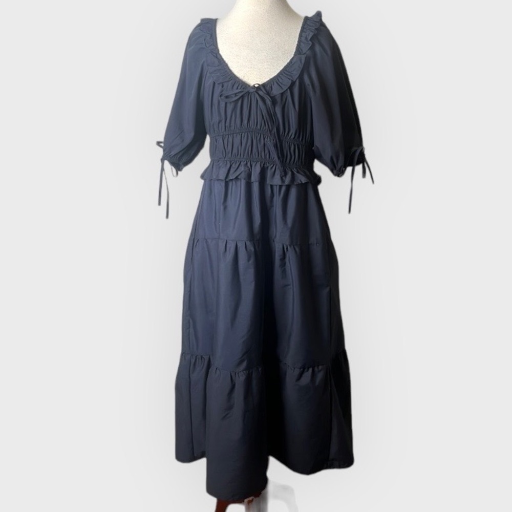 FRANCESCA’S Navy Blue Puff Sleeve Midi Dress